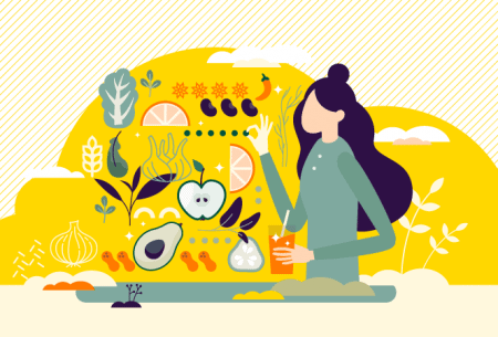 View Plant points: how to get 30 a week & why Illustration of woman surrounded by plants, seeds and vegetables