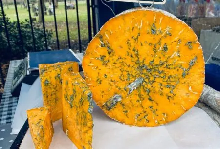 A big piece of blue shropshire cheese with smaller pieces alongside