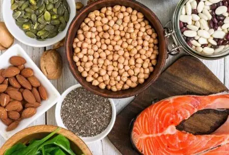 A spread of omega 3 sources such as salmon, chia seeds, avocado, walnuts and almonds