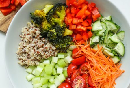 A bowl showing quinoa, roasted brocolli, chopped red pepper, chopped cucumber, grated carrot, fresh tomatoes and chopped celery