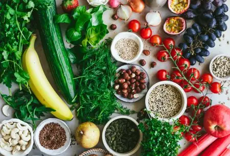 A spread of fruit, vegetables, nuts, seeds and legumes