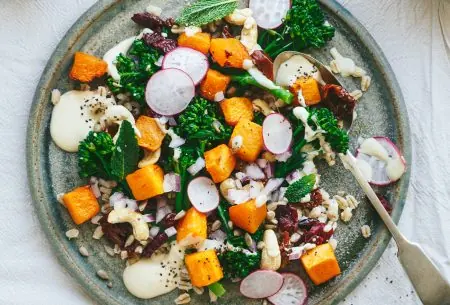 One plate of fresh summer barley and butternut squash salad sat on a bench top