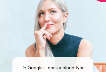 Dr Megan Rossi sitting in a thinking pose with the caption reading 'Dr Google.. does a blood type diet really work?'