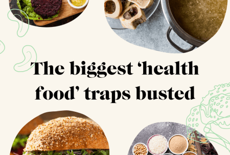 Graphic reading 'The biggest health food traps busted' in the centre of four small circular images of separate food items