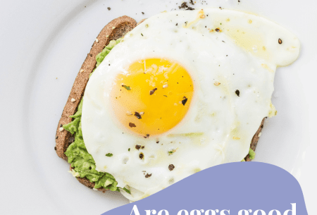 White plate with a single piece of toast, avocado spread and a fried egg on top, with text reading 'Are eggs good or bad to eat?'