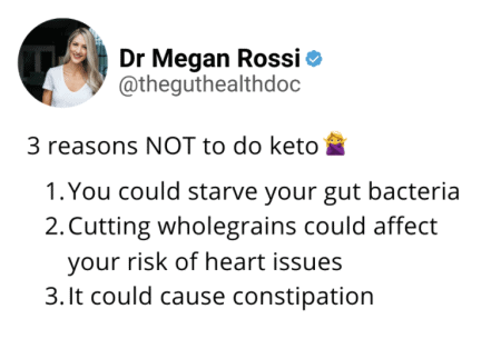 Screenshot of tweet from Dr Megan Rossi listing three reasons not to do keto