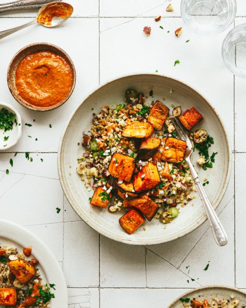 Roast aubergine with mixed grains and red pepper sauce - The Gut Health