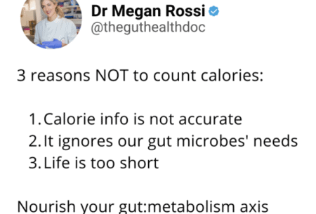 Screenshot of tweet from Dr Megan Rossi reading '3 reasons not to count calories..'