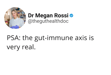 View 10 foods to boost your gut-immune axis Screenshot of tweet from Dr Megan Rossi reading 'PSA: the gut-immune axis is very real.'