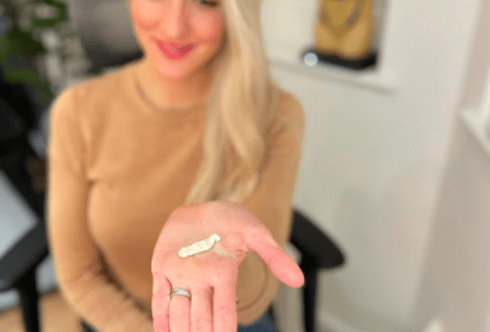 Dr Megan Rossi holding a piece of chewed gum in her palm