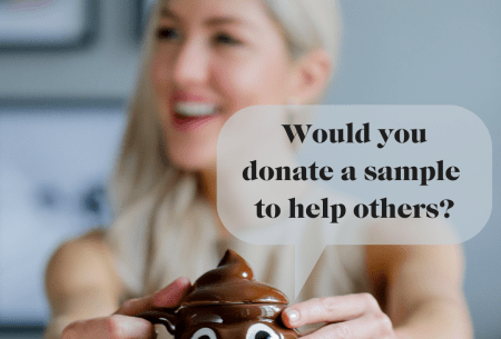 View Would you donate a poo sample to help others? Dr Megan Rossi holding a mug with text 'would you donate a poop sample to help others?'
