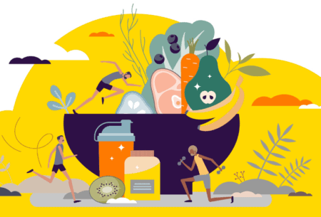 An illustration of a bowl of fruit and vegetables with a man jumping into the bowl, another man outside the bowl running and another man lifting weights next to a water bottle, half a kiwi and pot of tablets