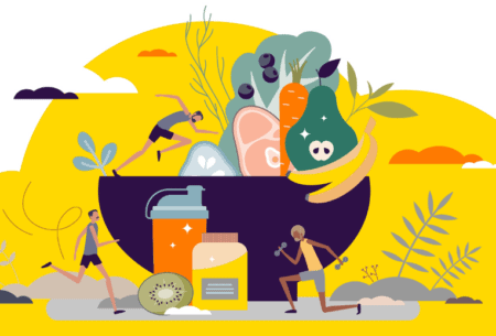 View How to be fuelled, not fatigued, by food An illustration of a bowl of fruit and vegetables with a man jumping into the bowl, another man outside the bowl running and another man lifting weights next to a water bottle, half a kiwi and pot of tablets