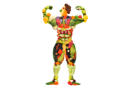 View Why plants = protein! Illustration of a man flexing muscles, with each muscle made entirely from a fresh fruit/vegetable group