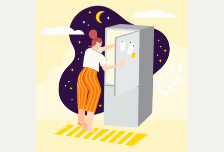 Illustrated image of person looking through fridge with evening stars and moon in background