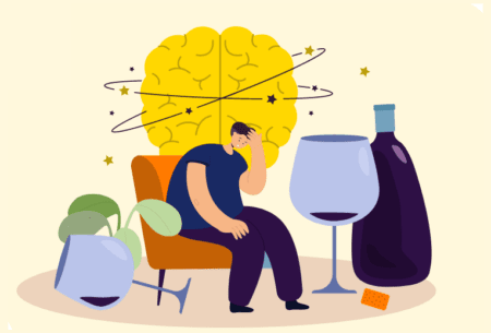 Illustration of a person and a big brain with spirals and stars around the brain, surrounded by alcohol: two glasses of wine and a wine bottle in the picture
