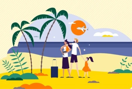 Illustration of a family standing on a beach with suitcase with the sea and a plane taking off in the background