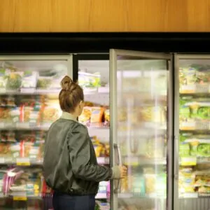Photo of a woman with her hair up opening a freezer door in a shop with frozen vegetables in the background to reflect diet myth of fresh food is better for you