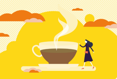 Illustration of a woman by a large mug of coffee with a yellow sky in the background
