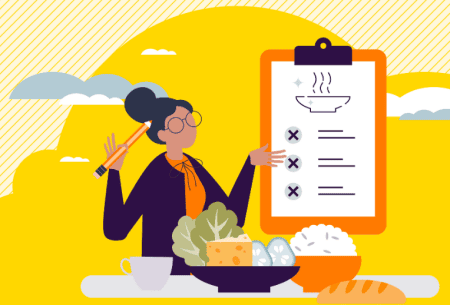 Illustration of a woman checking off a clipboard relevant to diet