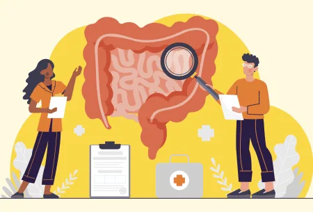 Illustration of two healthcare professionals examining a gut under a magnifying glass to reflect bloating