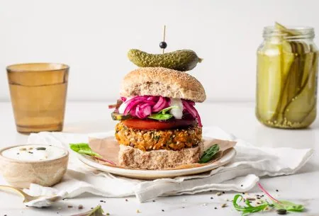 A photo of the bean burger plated