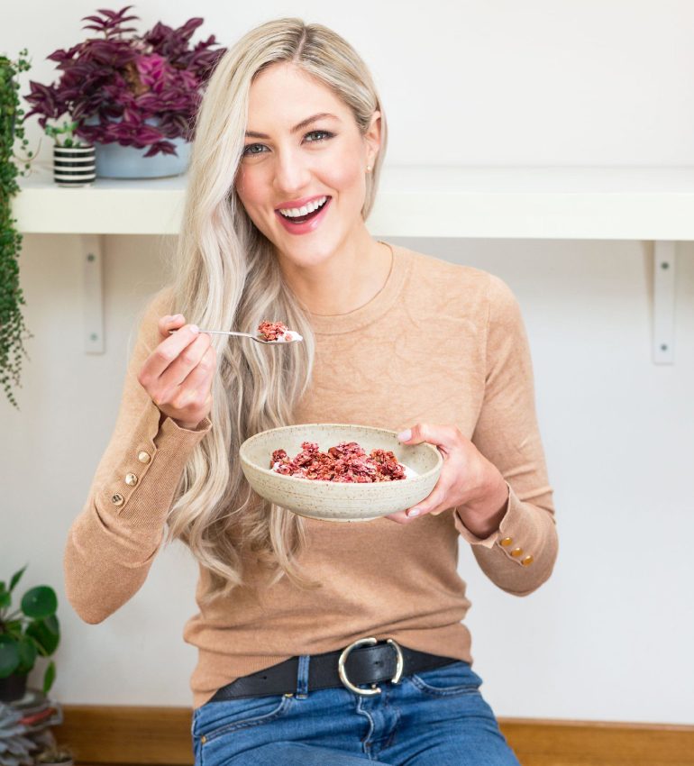 Dr Megan Rossi eating a bowl of Bio&Me granola