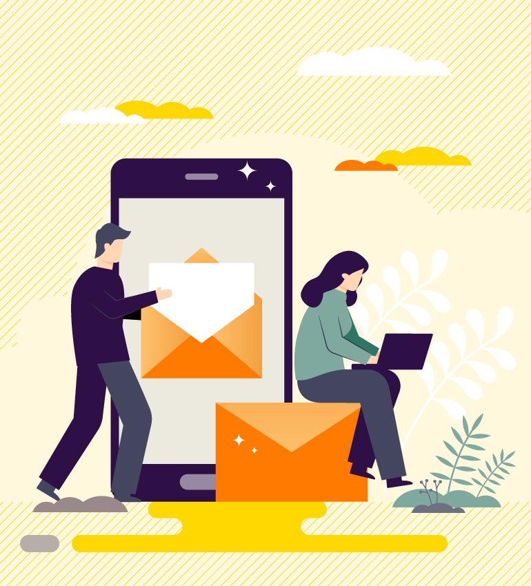 Illustration of a man and woman sending emails via a large mobile phone graphic