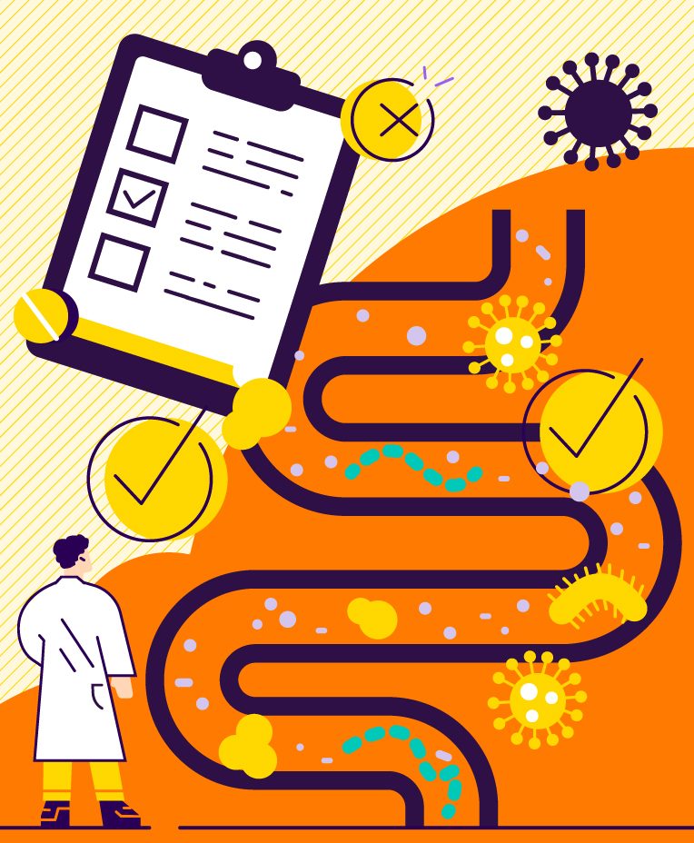 Illustration of gut with micro bacteria and a quiz sheet