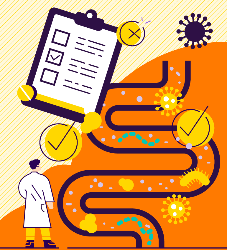 Illustration of a bowl with microbiome with a quiz clip board