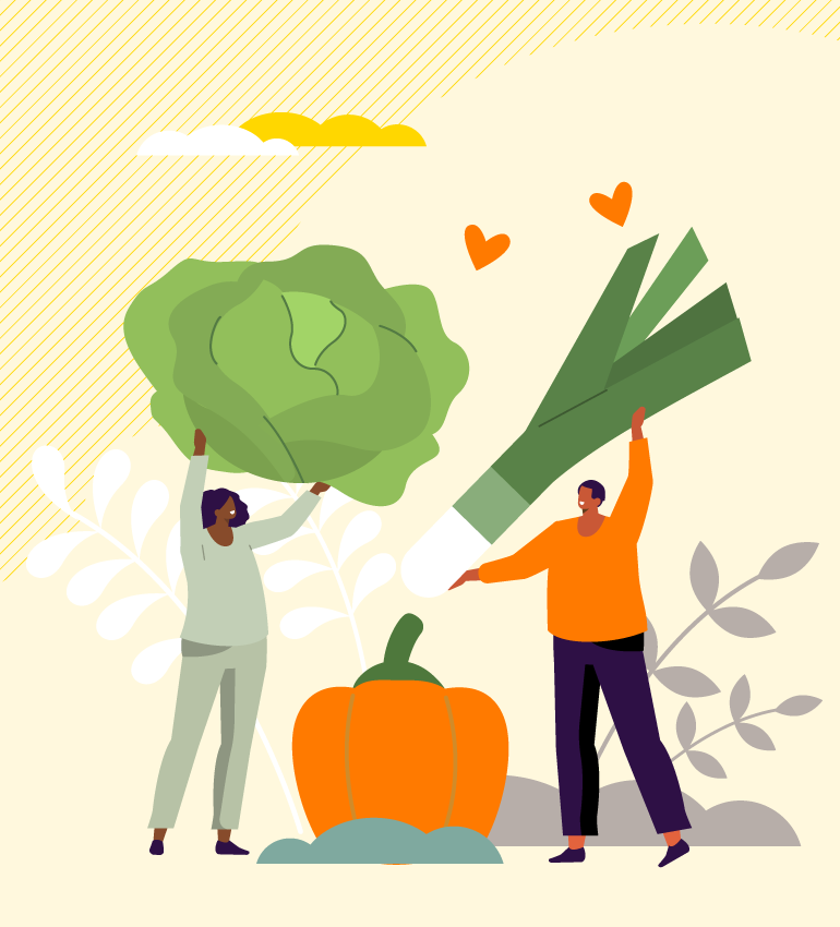Illustration of two people holding vegetables