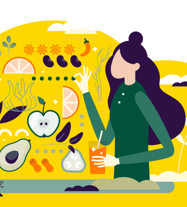 Illustration of a woman picking out a grain out of a tapestry of different types of plants to show plant diversity