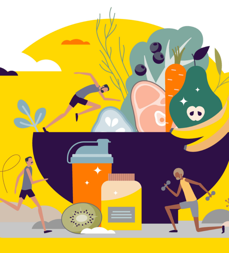 An illustration of a bowl of fruit and vegetables with a man jumping into the bowl, another man outside the bowl running and another man lifting weights next to a water bottle, half a kiwi and pot of tablets