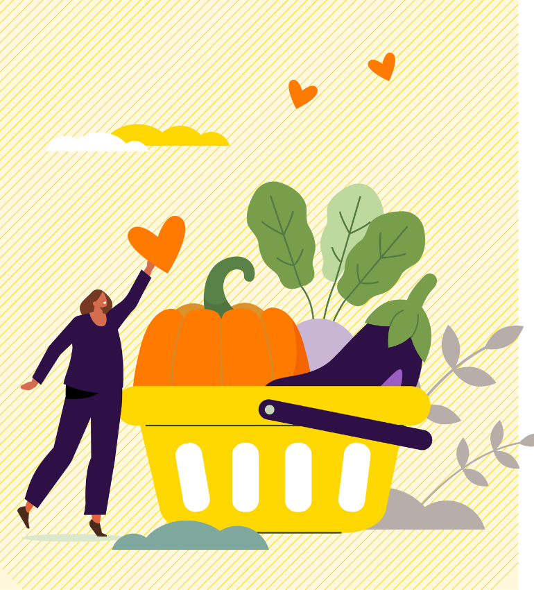 Illustration of a shopping basket containing a pumpkin and aubergine with a women alongside reaching for a heart