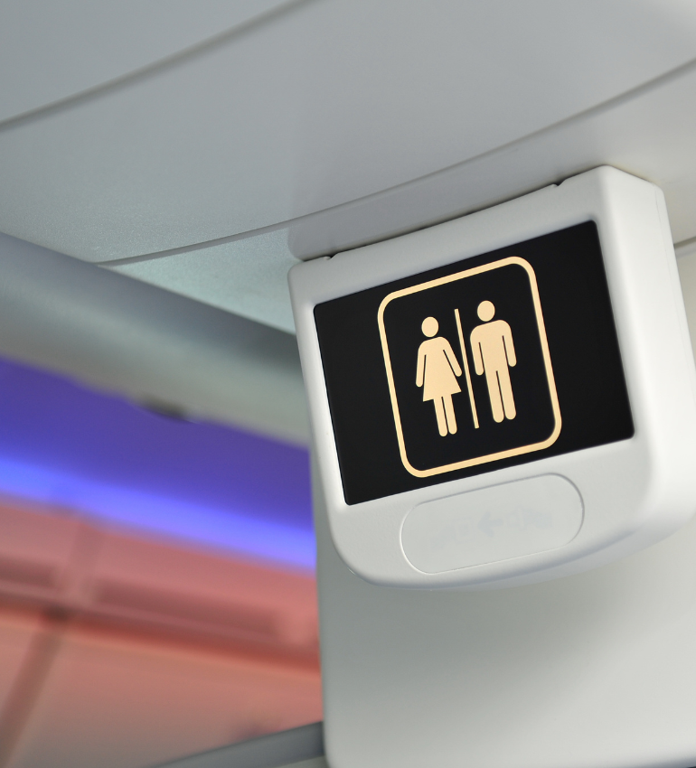 Holiday photo of a toilet sign with female and male icons to show airplane gut health issues