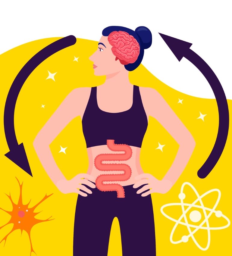 Illustration of a women with arrows connecting the gut and the brain