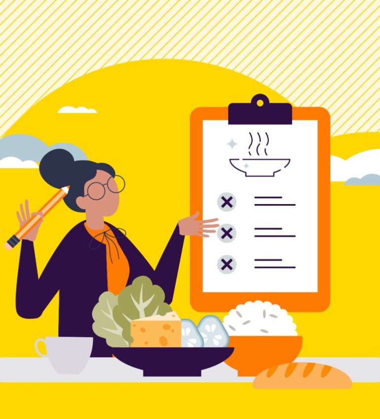 Illustration of a woman checking a clipboard about diet rules