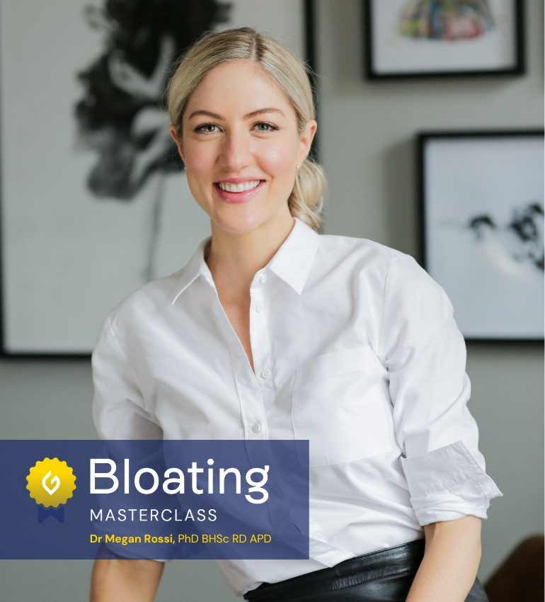 Photo of Dr Megan Rossi in a white shirt smiling at the camera with the Bloating Masterclass logo underneath