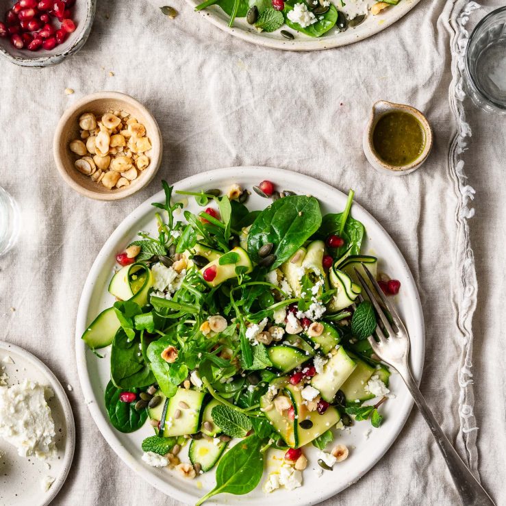 Picture of courgette and hazelnut salad with fresh and toasty flavours.