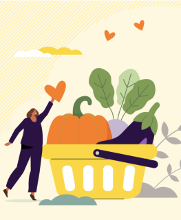 An illustration of a person next to a shopping basket full of vegetables