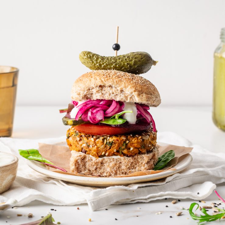 A photo of the bean burger plated