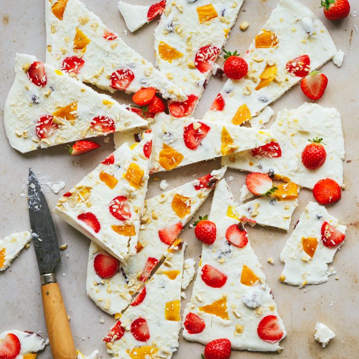 One large frozen live yoghurt bark, broken roughly into 12 pieces on a grey bench top